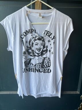 Completely Unhinged upcycled Graphic Tee with gold chain - White